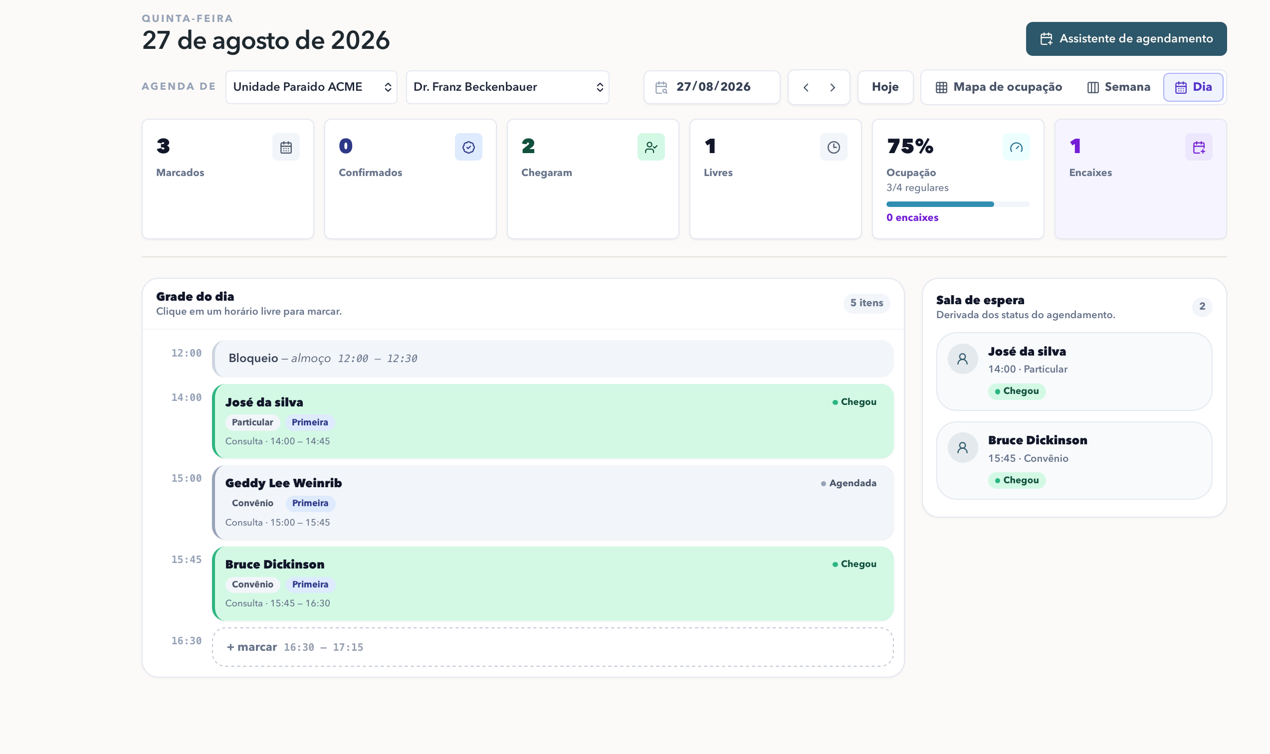 Agenda do dia com grade de horários, chegadas e sala de espera