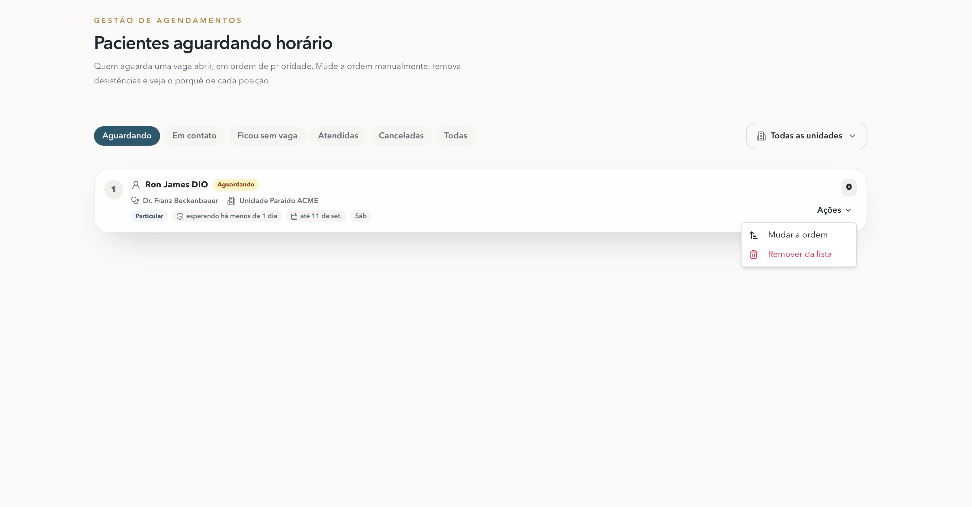 Lista de pacientes aguardando horário, em ordem de prioridade