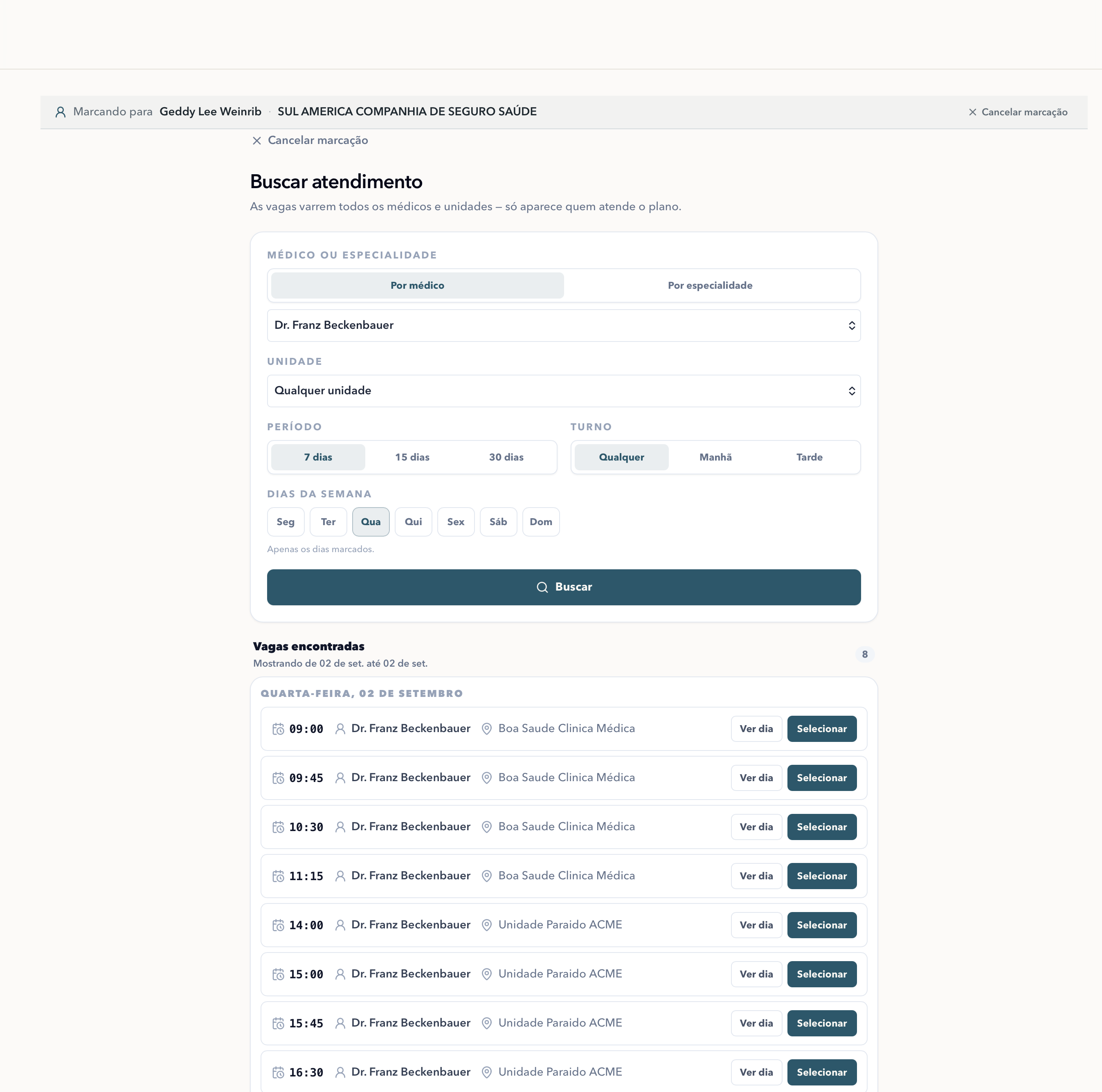 Assistente de agendamento buscando vagas por médico, unidade, período e turno