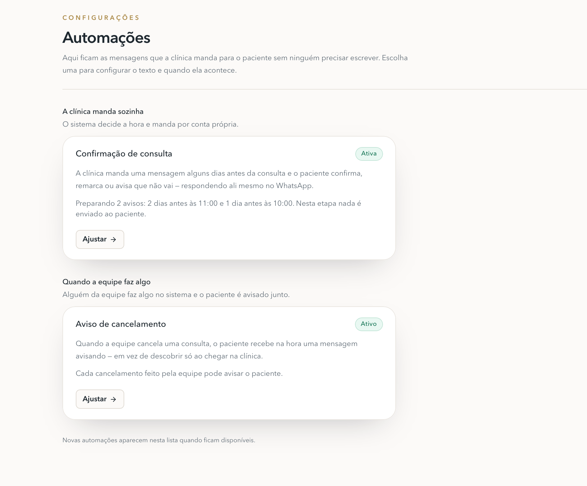 Tela de automações: confirmação de consulta e aviso de cancelamento, com os horários de envio