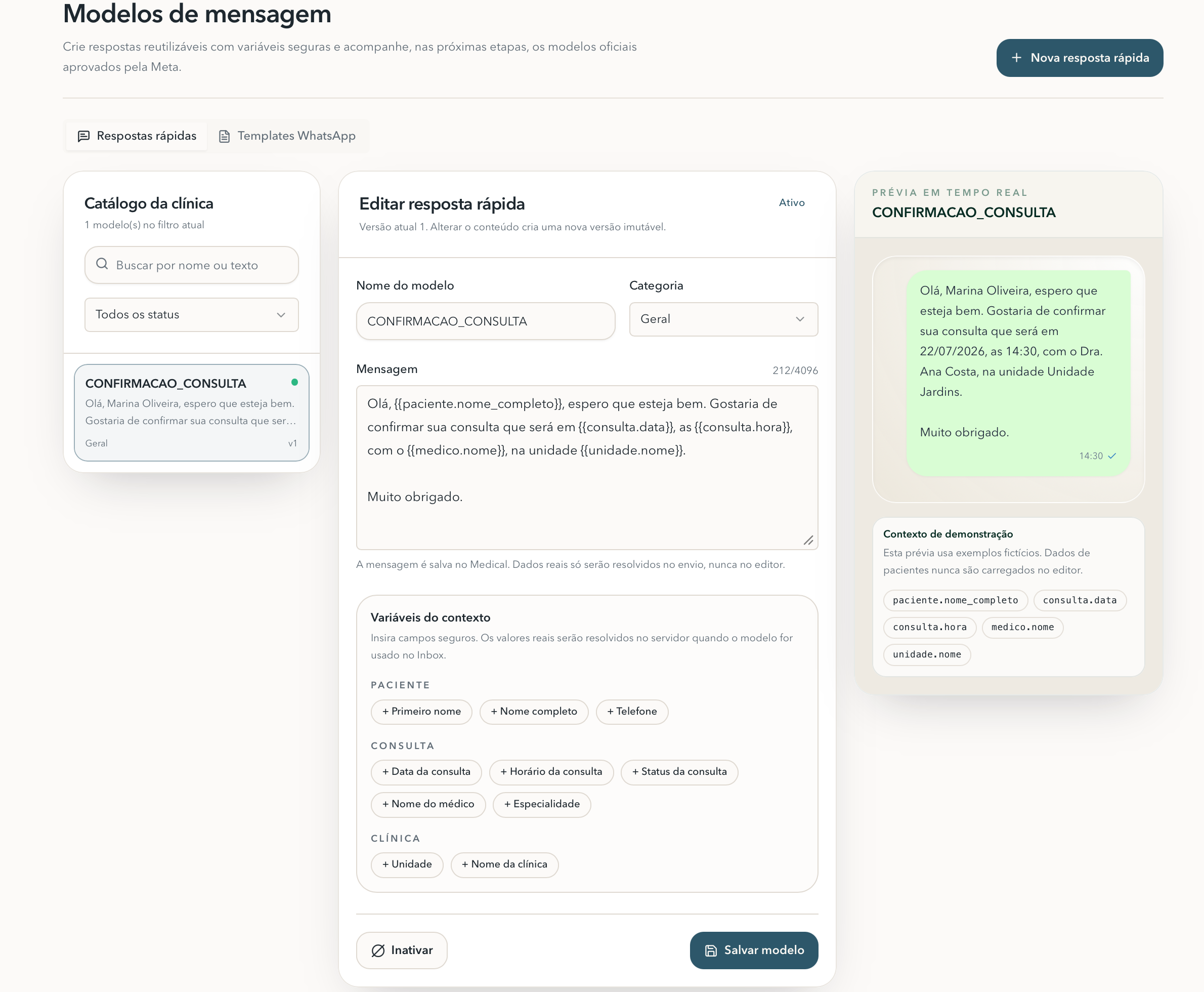Modelos de mensagem: respostas rápidas e templates oficiais do WhatsApp com prévia em tempo real