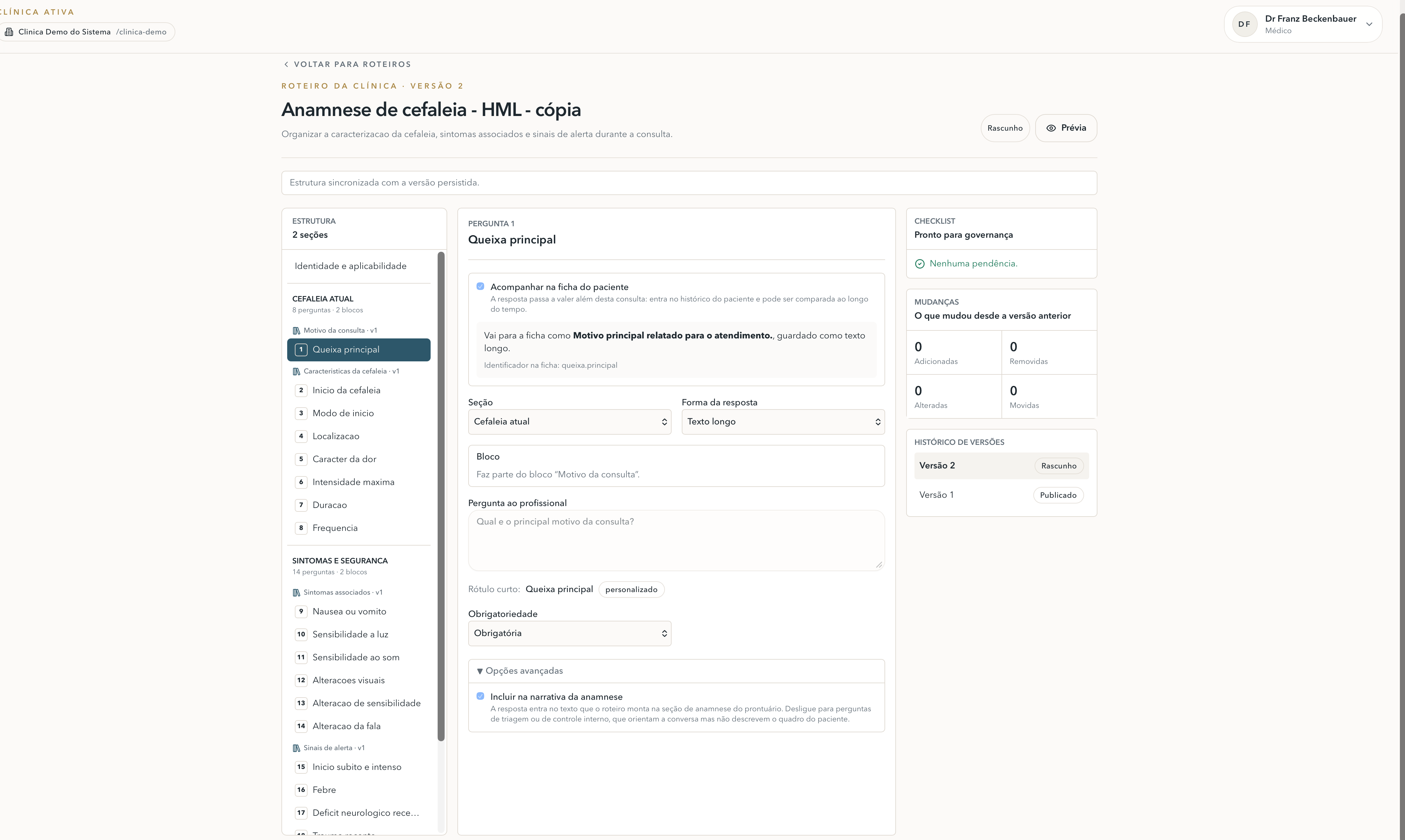 Studio de roteiros: estrutura de seções, edição de pergunta, checklist de governança e histórico de versões